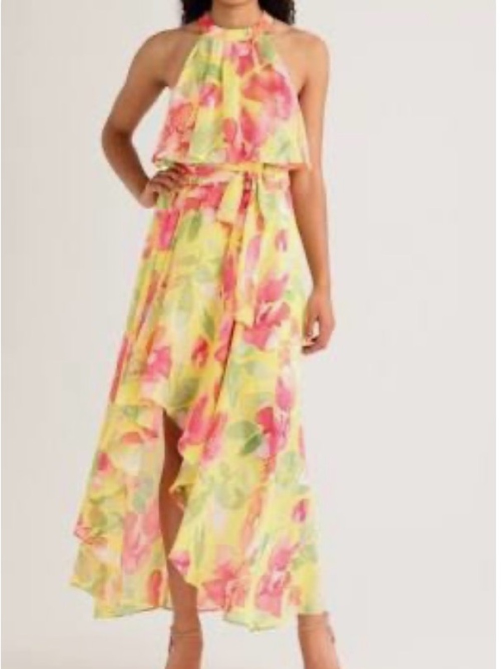 Eliza J Yellow Halter High-Low Floral Maxi Dress with Pink Accents